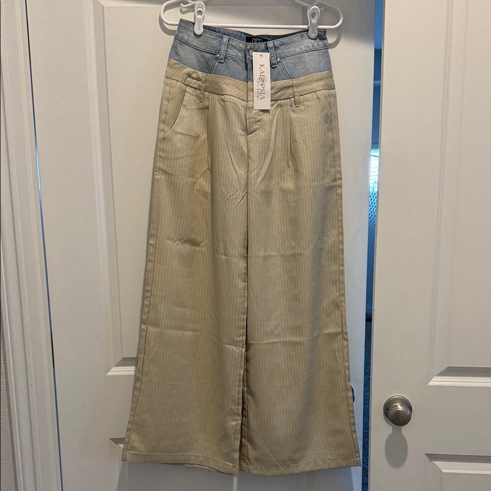 New York & Company Blue and Tan Flare Jeans